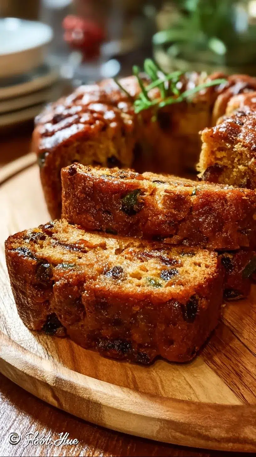 Slice of authentic German fruit cake with dried fruits and nuts on a rustic table