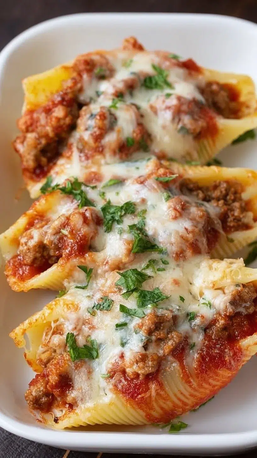 Delicious baked stuffed shells filled with cheese and herbs ready to serve.