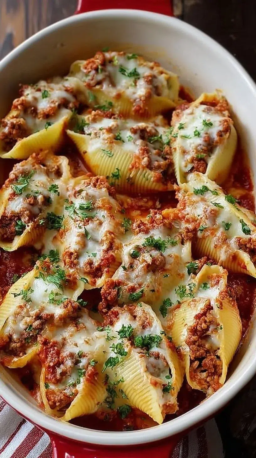 Plate of baked stuffed shells topped with marinara sauce and herbs