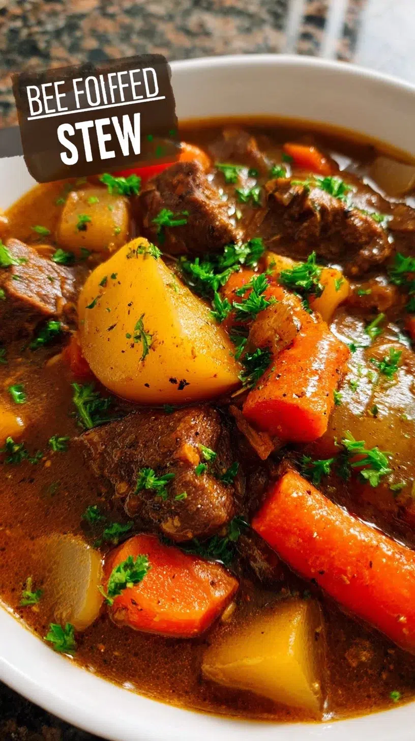 Delicious homemade beef stew with tender meat and fresh vegetables served in a bowl.