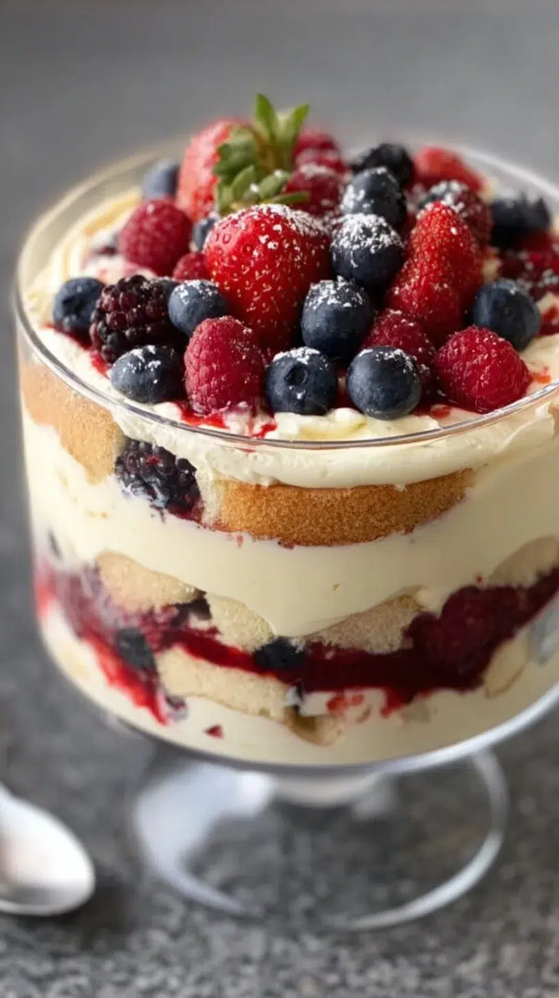 Delicious berry tiramisu trifle dessert with layers of cream and berries.