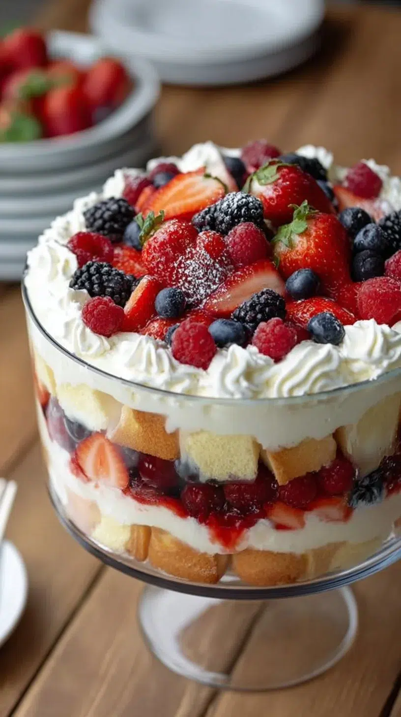 Delicious homemade berry trifle with layers of cream and fresh berries