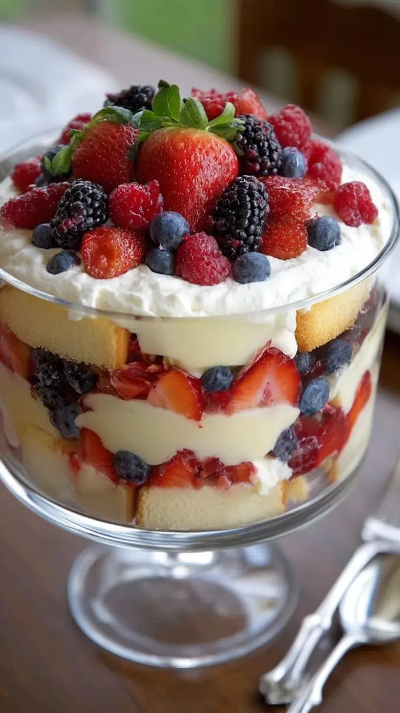 Delicious berry trifle dessert with layers of cream and fresh berries