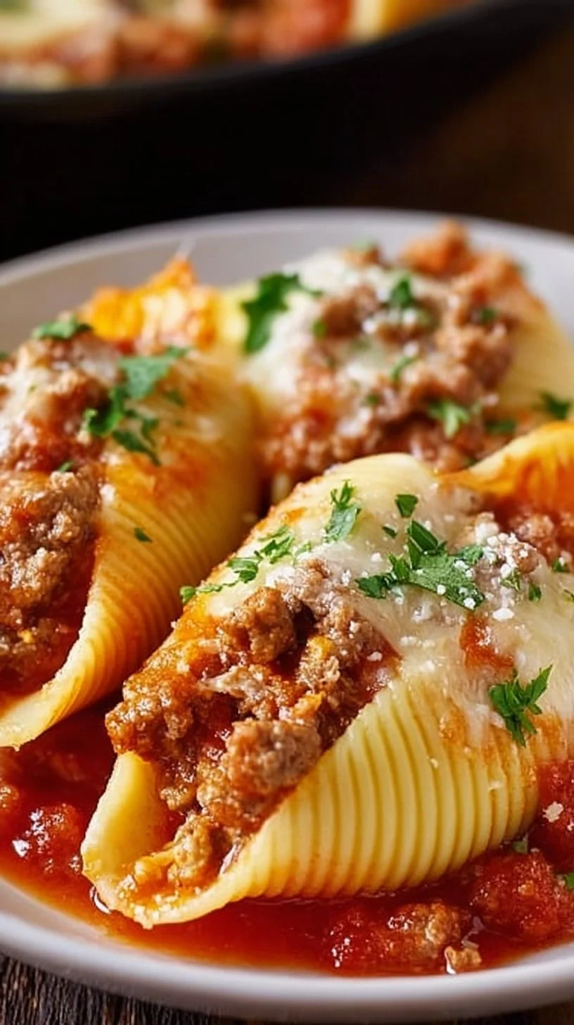 Delicious stuffed shells filled with ground beef, cheese, and marinara sauce