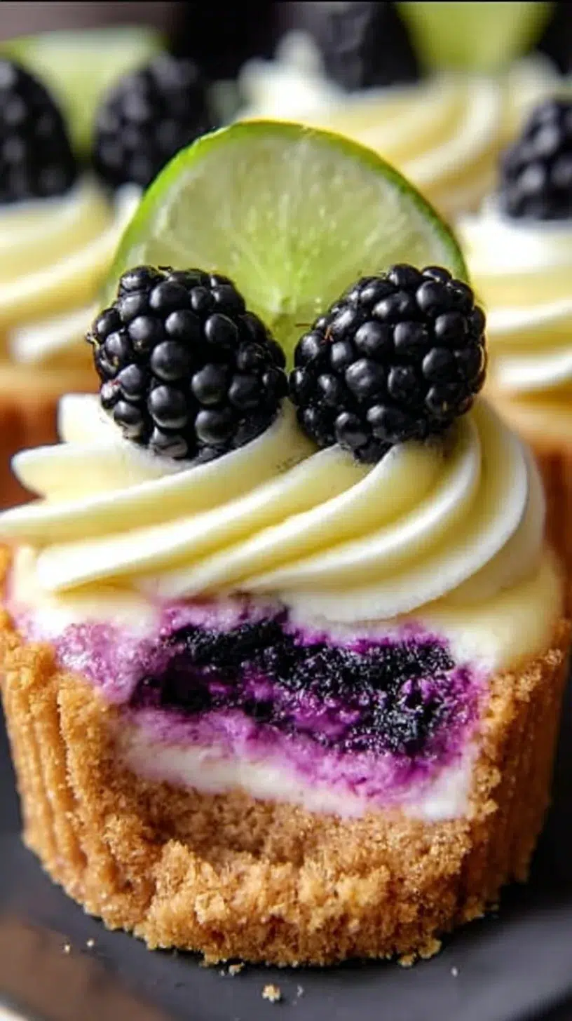 Blackberry lime cheesecake cupcakes topped with a fresh berry.