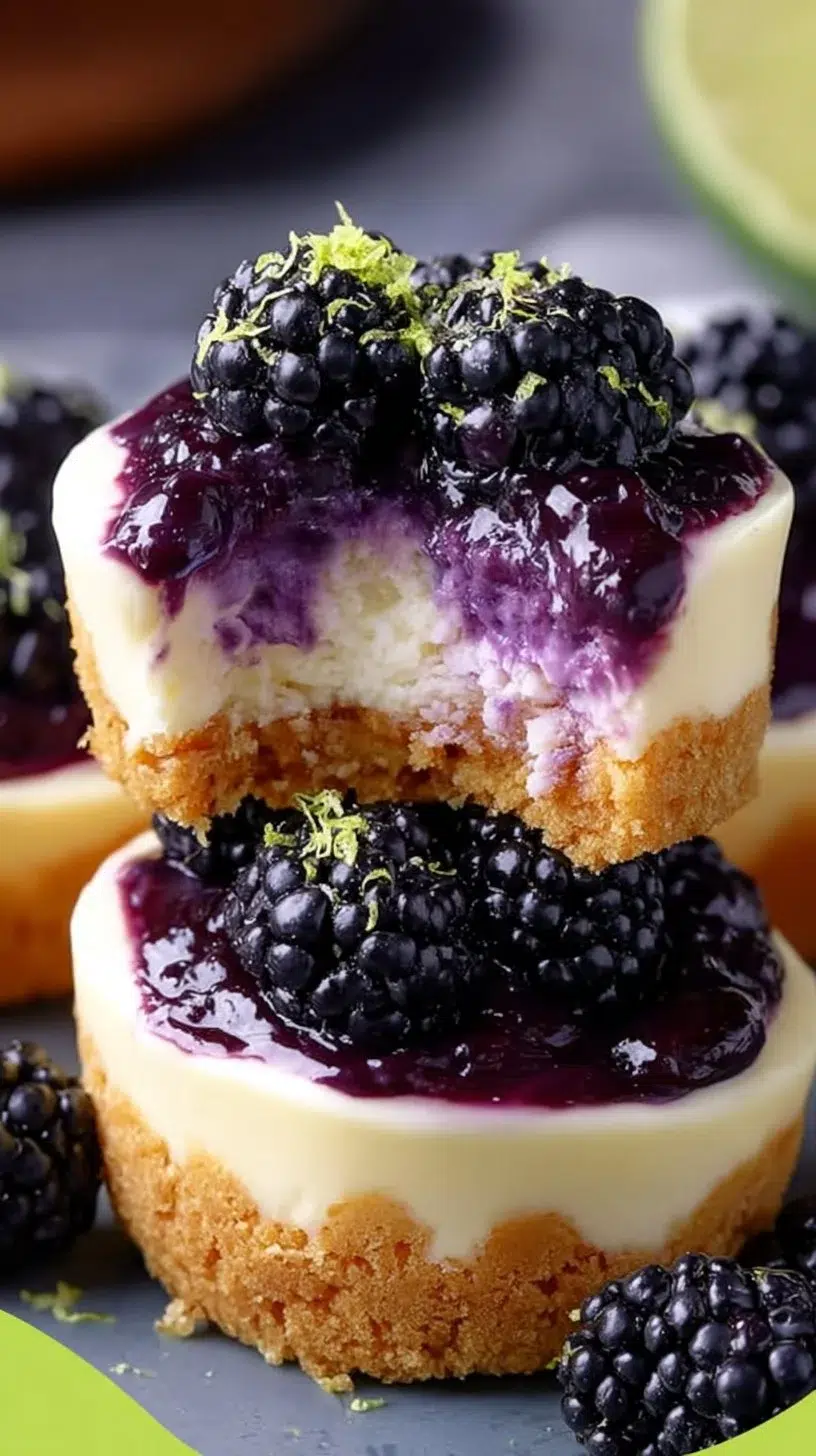 Blackberry lime cheesecake cupcakes topped with fresh berries and lime zest