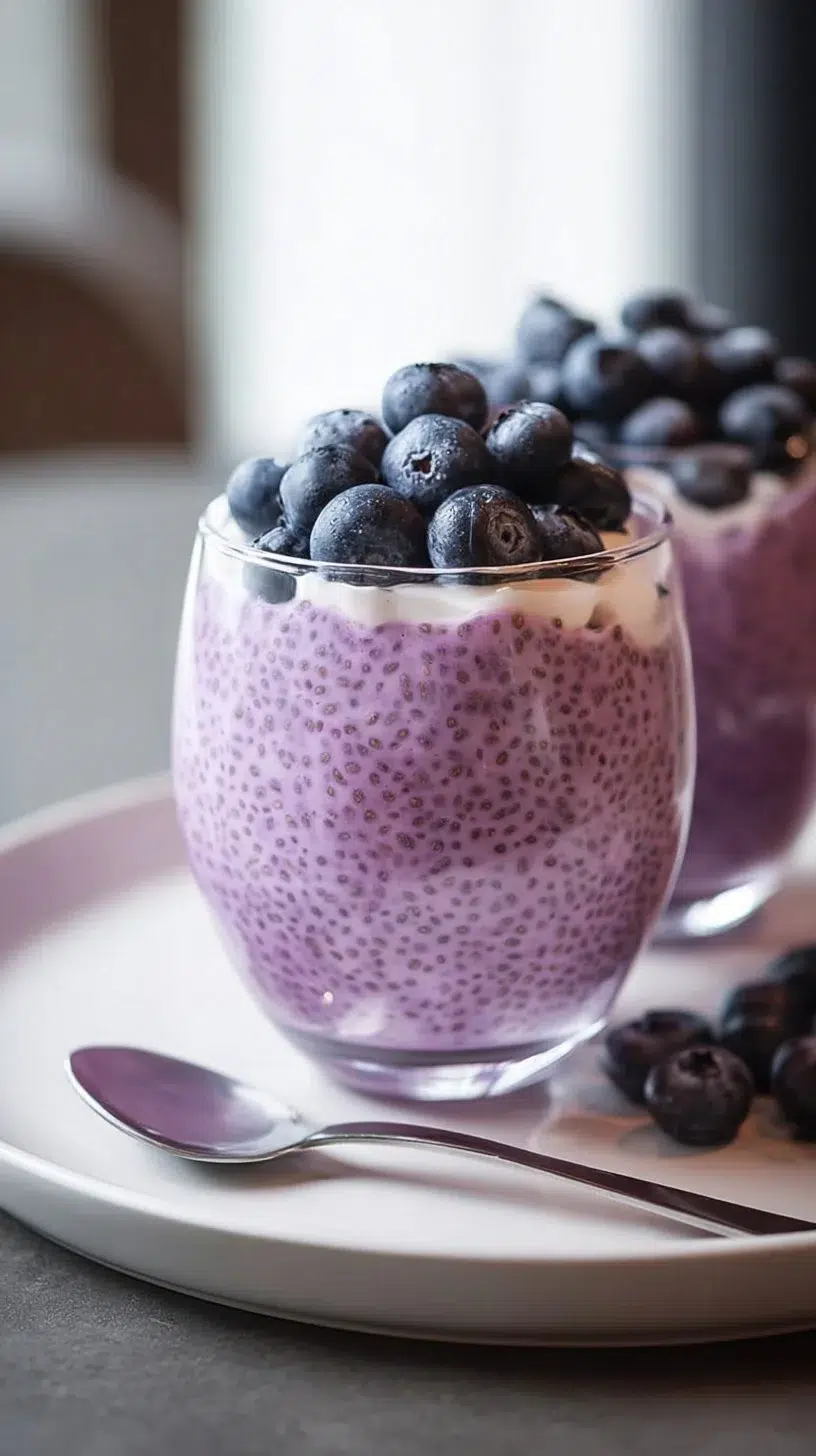 Blueberry chia seed pudding topped with fresh blueberries and mint leaves