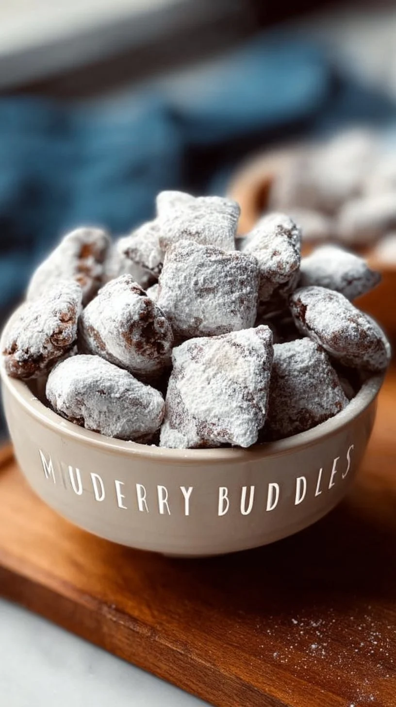 Blueberry muddy buddies snack mix with a colorful blueberry coating