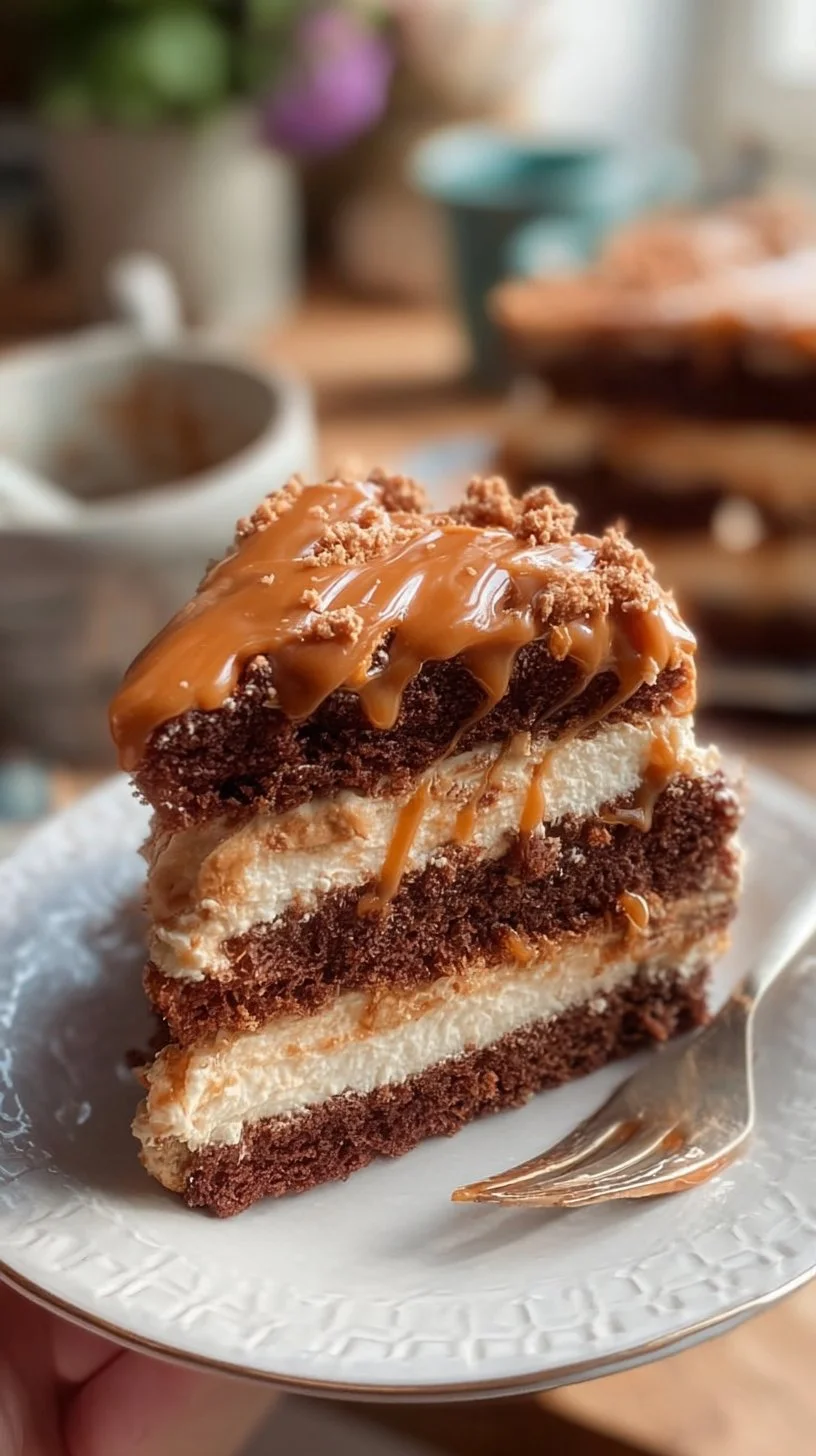 Brown Butter Cookie Caramel Crunch Cake showcasing rich flavors and crunchy texture.