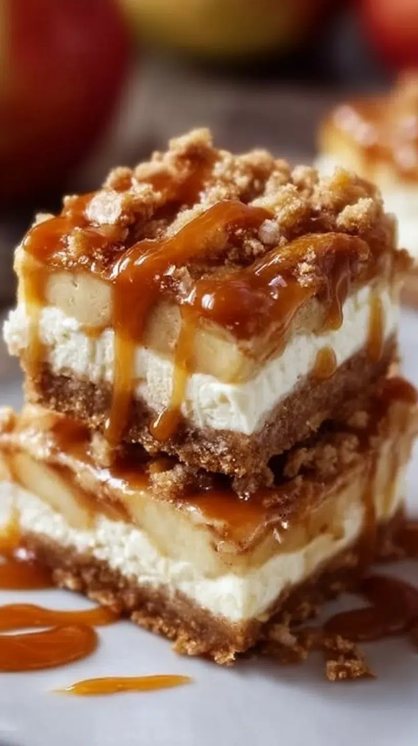 Delicious caramel apple cheesecake bars topped with caramel drizzle and apple slices.