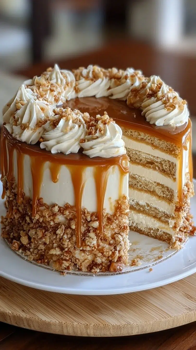 Delicious Caramel Crunch Cake topped with caramel drizzle and crunchy toppings