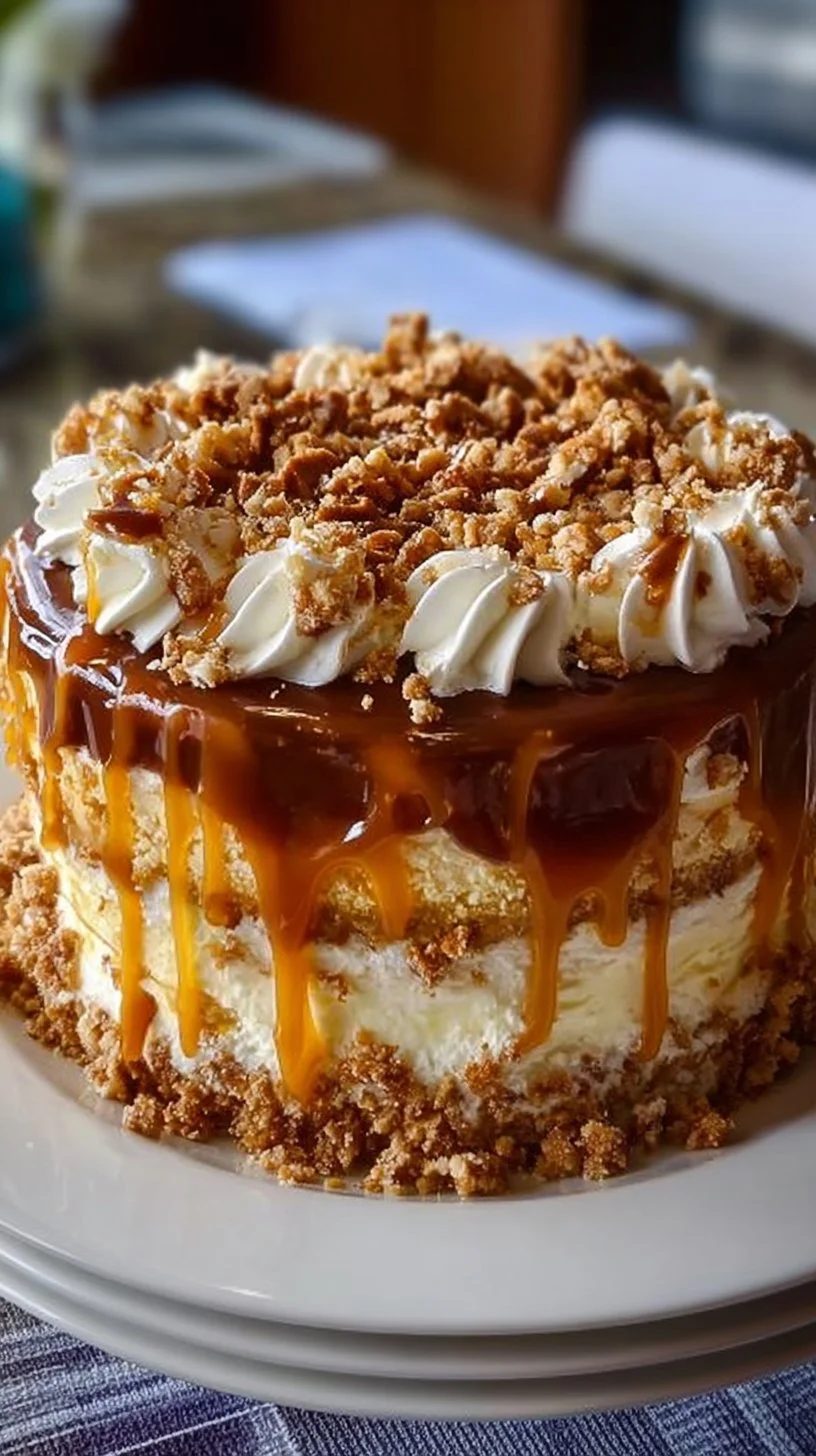 Delicious Caramel Crunch Cake with layers of caramel and crunchy toppings