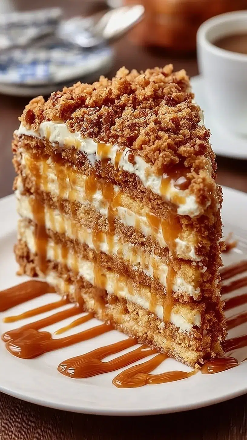 Layered Caramel Crunch Cake with a rich caramel topping and crunchy texture.