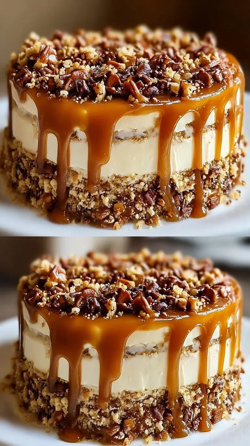 Delicious Caramel Toffee Crunch Cake with layers of caramel and crunchy toffee