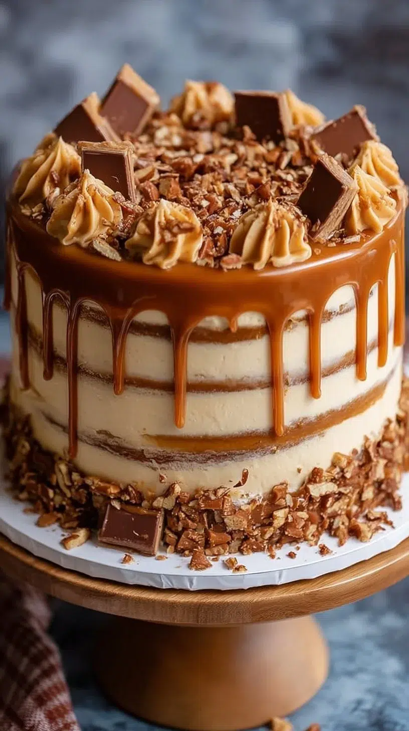 Delicious Caramel Toffee Crunch Cake with layers of caramel and toffee