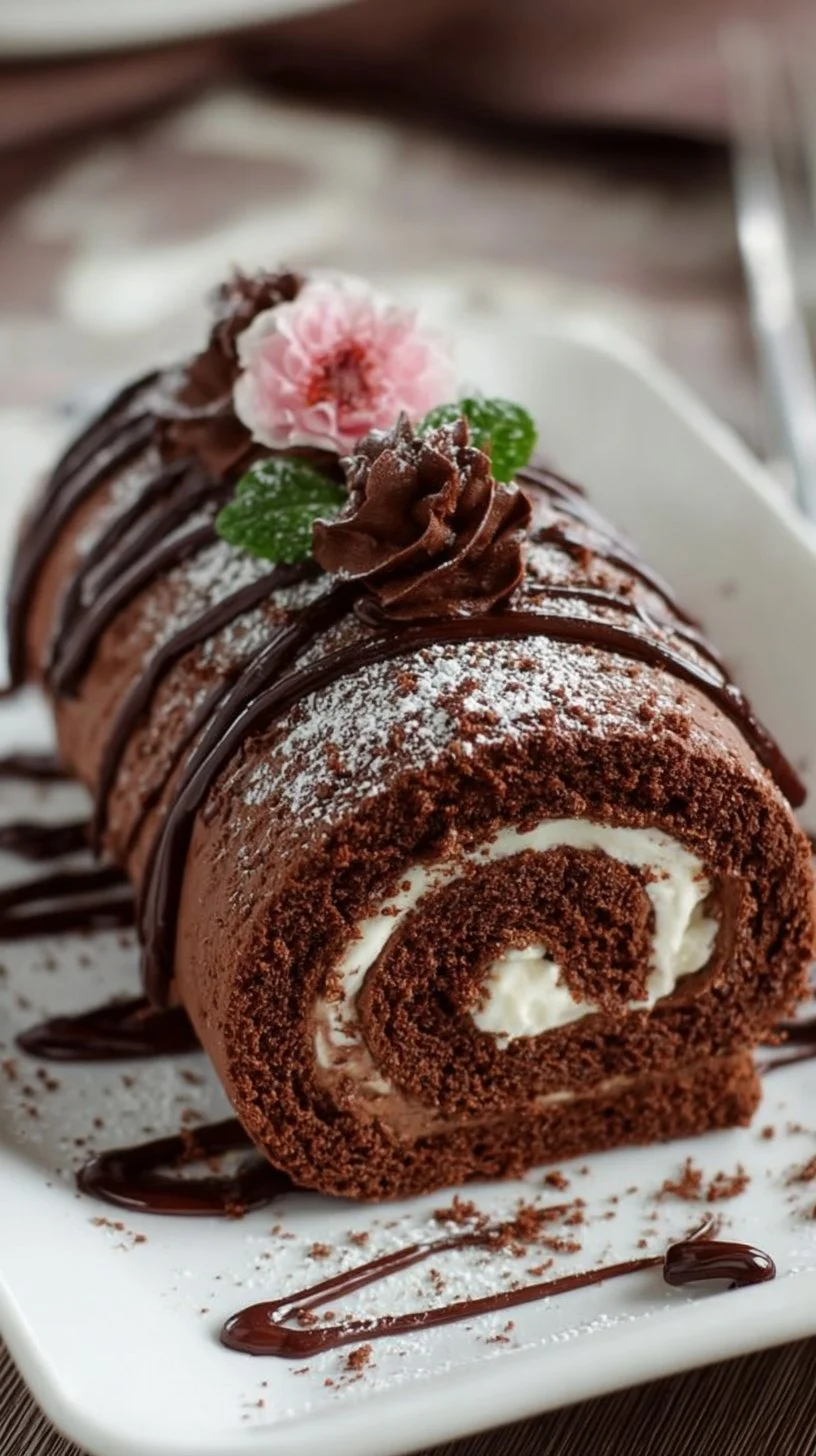 Delicious homemade chocolate cake roll with creamy filling