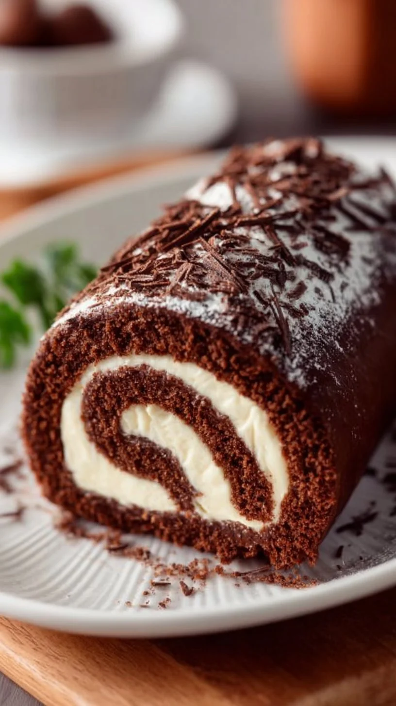 Chocolate Cake Roll with rich creamy filling on a decorative plate