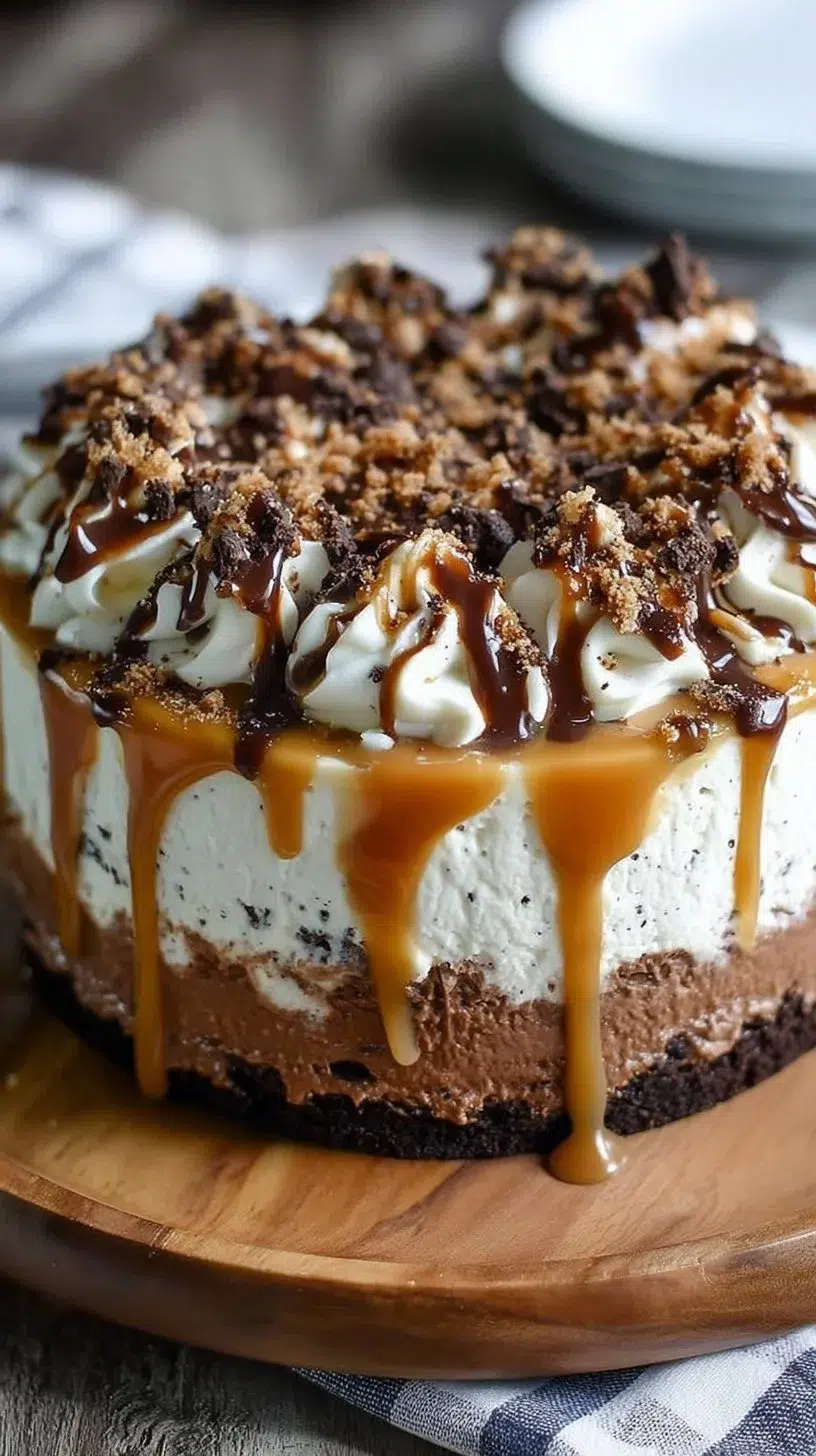 Chocolate Caramel Homemade Ice Cream Cake with chocolate drizzle and caramel