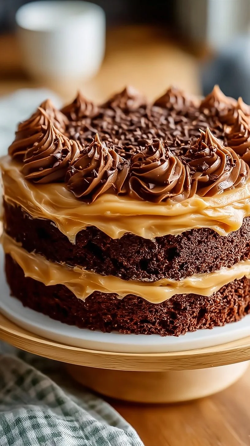 Delicious Chocolate Caramel Toffee Crunch Cake with chocolate, caramel, and toffee layers