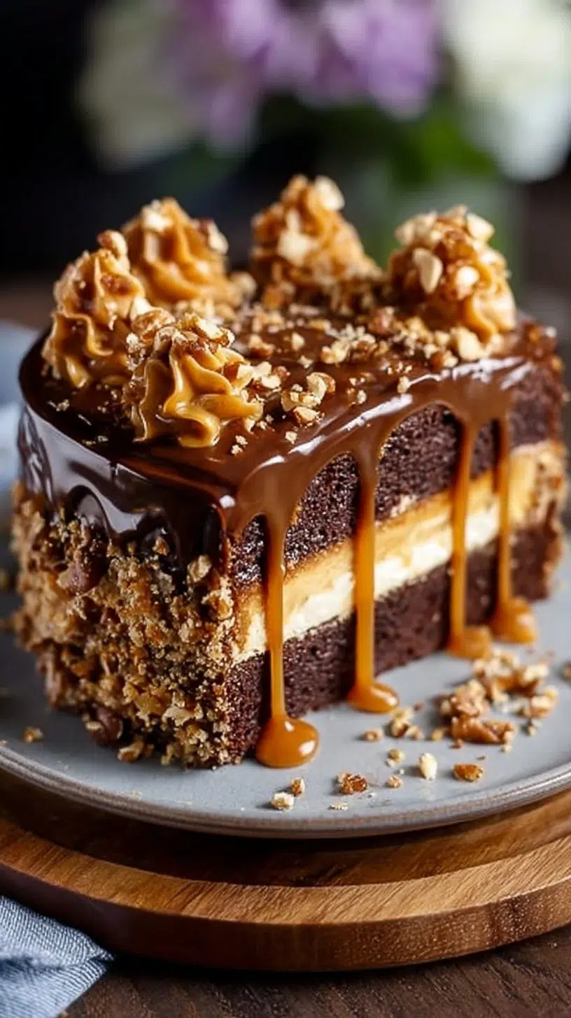 Deliciously layered Chocolate Caramel Toffee Crunch Cake with rich textures and flavors.