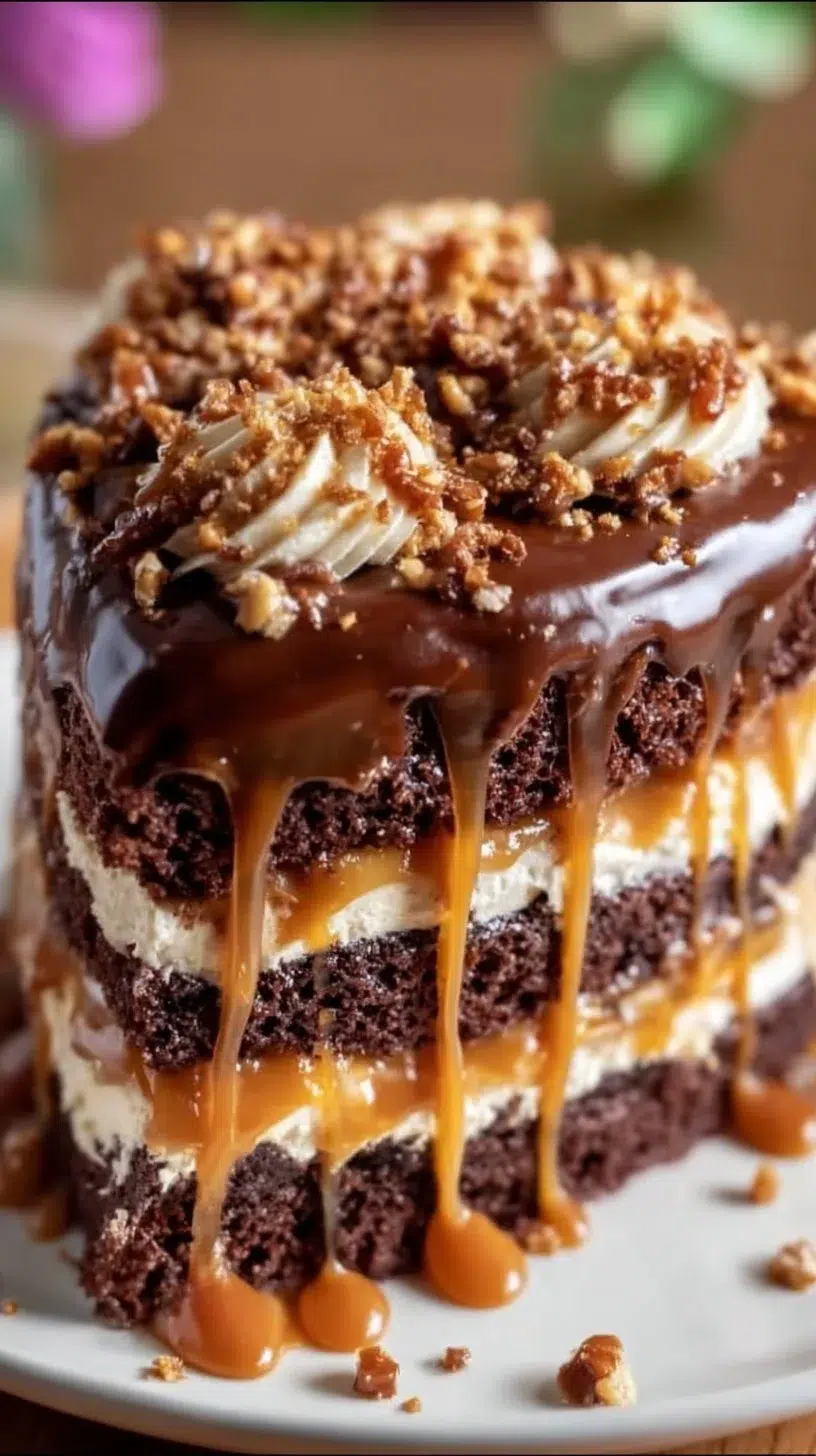 Delicious Chocolate Caramel Toffee Crunch Cake topped with toffee bits