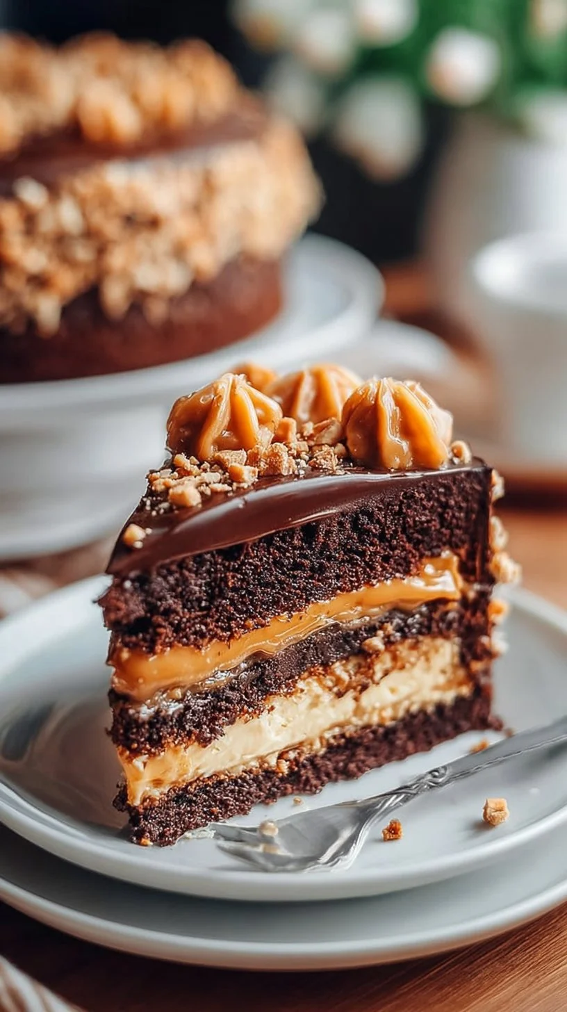 Delicious Chocolate Caramel Toffee Crunch Cake topped with toffee and caramel