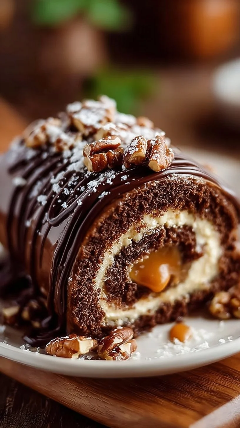 Delicious Chocolate Caramel Turtle Cake Roll with chocolate, caramel, and nuts