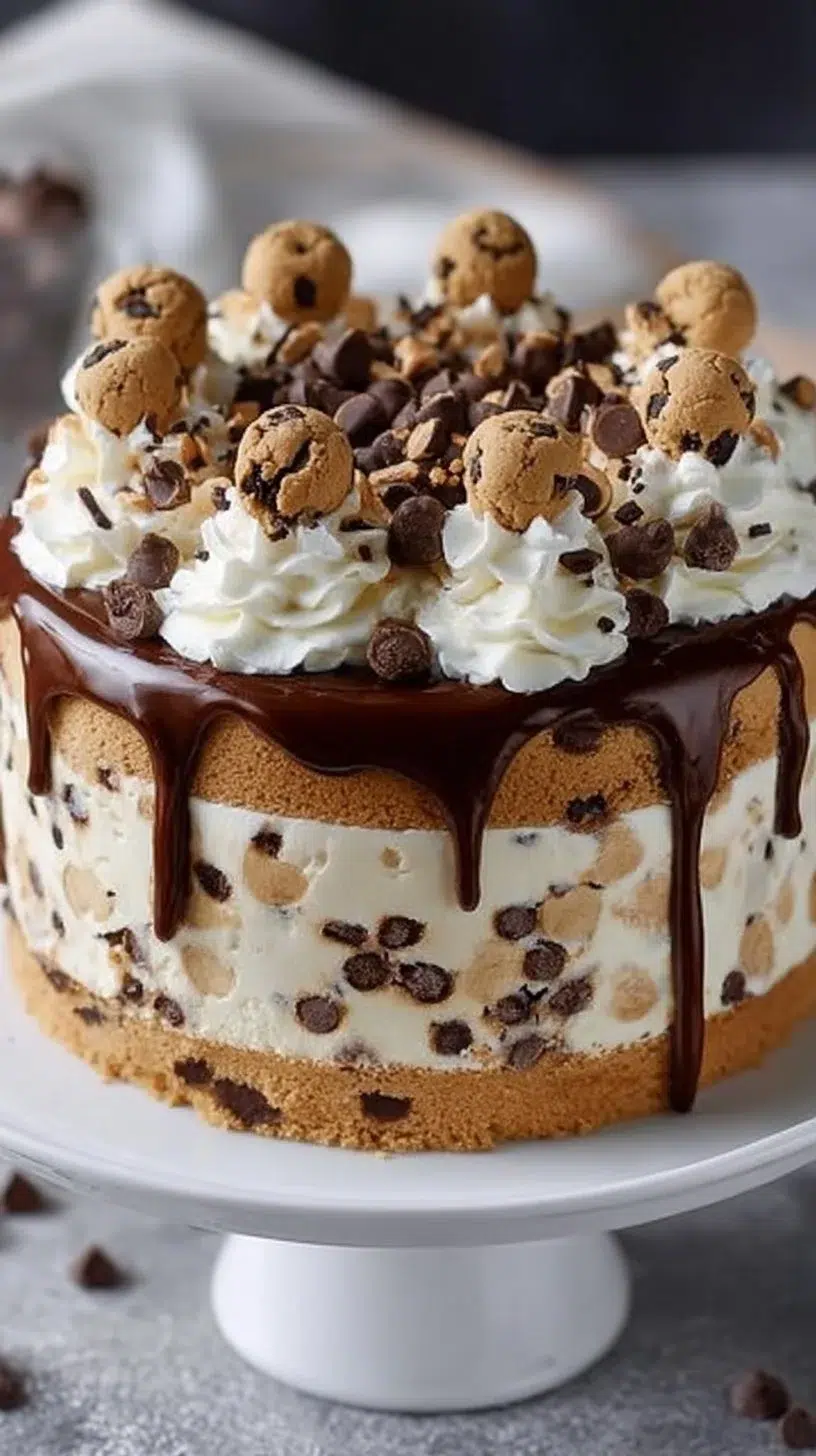 Chocolate Chip Cookie Dough Ice Cream Cake layered with cookie dough and ice cream