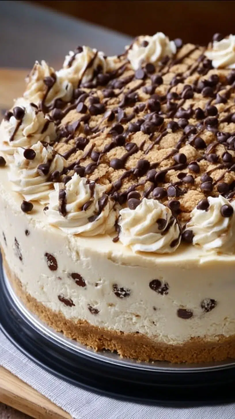 Chocolate chip cookie dough ice cream cake with layers of creamy ice cream and cookie dough.