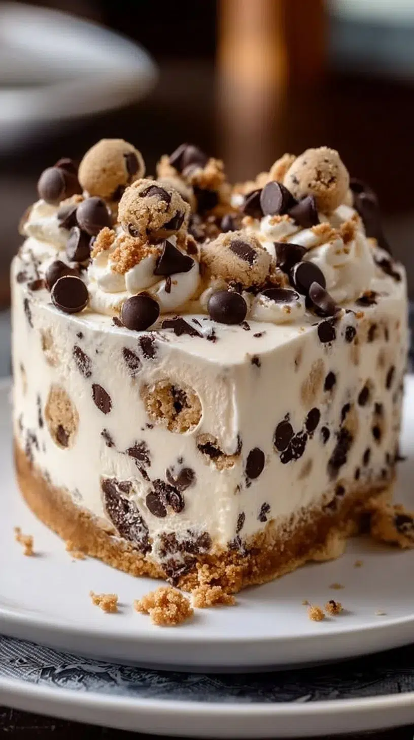 Delicious Chocolate Chip Cookie Dough Ice Cream Cake topped with chocolate chips.