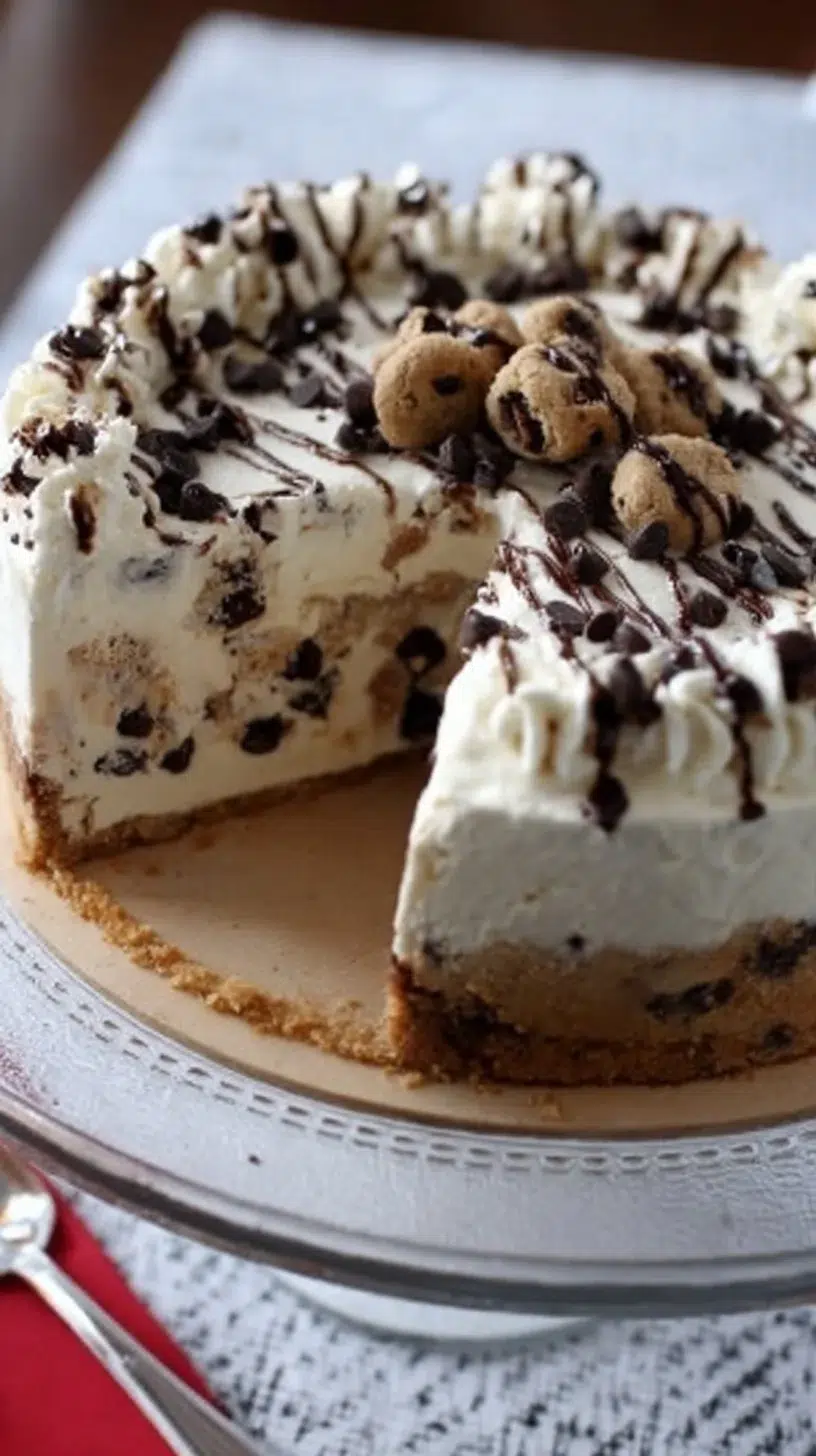 Layered chocolate chip cookie ice cream cake with chocolate chips and whipped cream