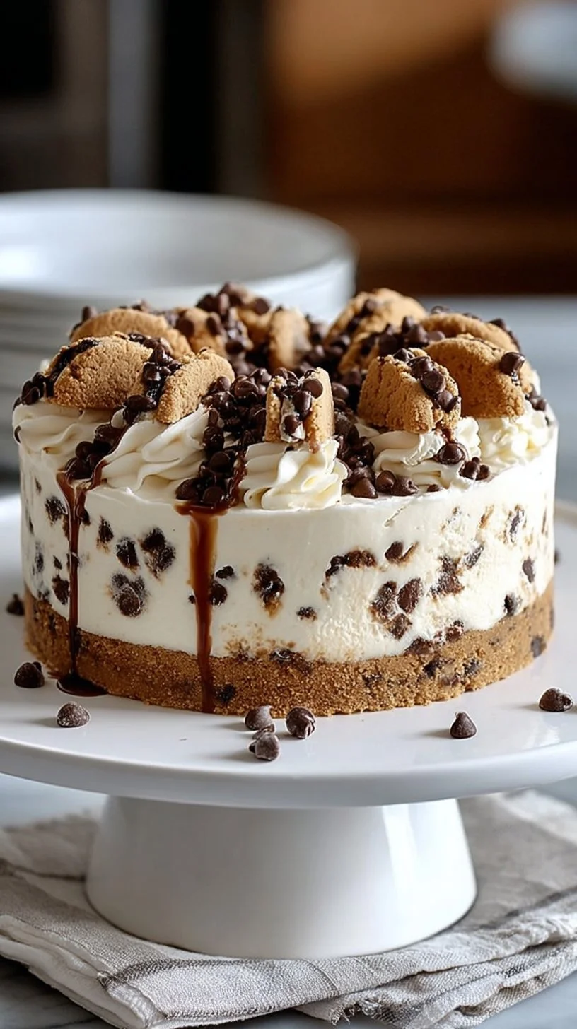 Delicious chocolate chip cookie ice cream cake with layers of cookies and ice cream