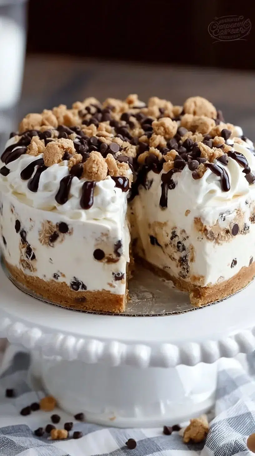 Chocolate chip cookie ice cream cake topped with chocolate chips and whipped cream.