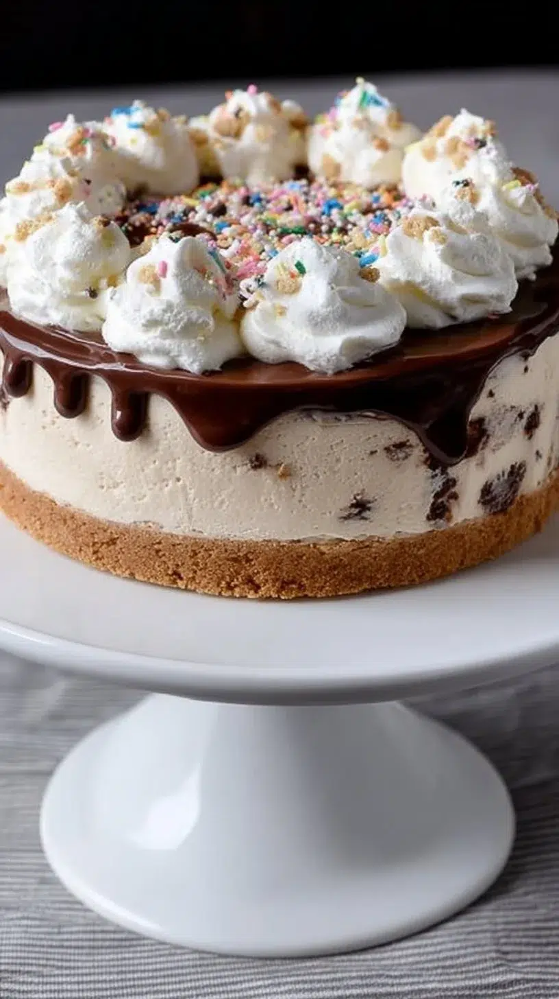 Delicious chocolate chip cookie ice cream cake with layers of cookies and ice cream