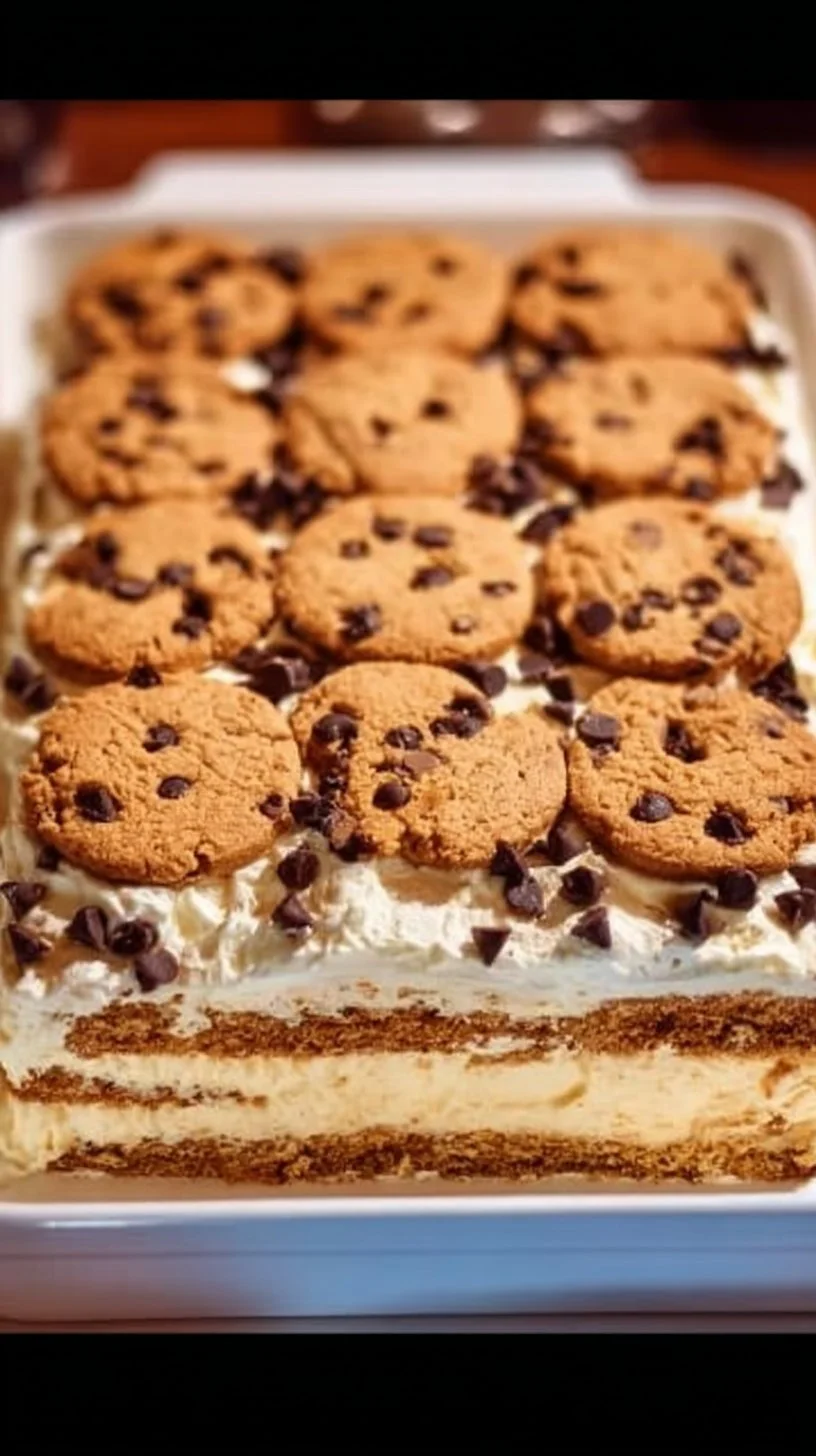Chocolate Chip Cookie Icebox Cake served on a platter with chocolate drizzle.