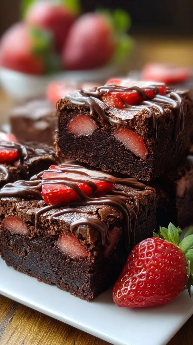 Chocolate covered strawberry brownies on a plate garnished with fresh strawberries.