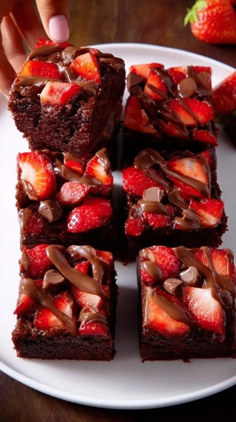 Delicious chocolate-covered strawberry brownies on a white plate