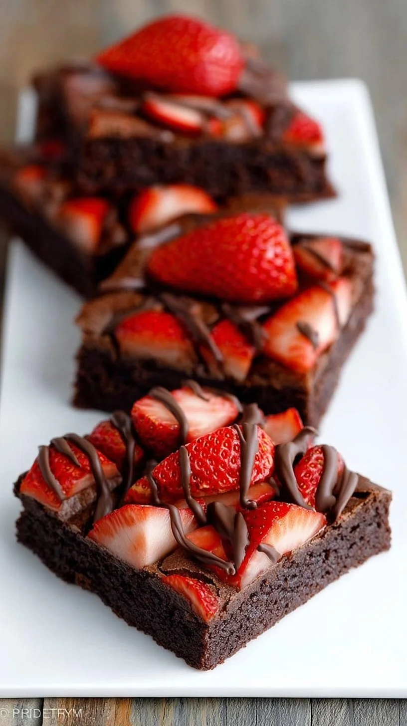 Decadent chocolate-covered strawberry brownies topped with fresh strawberries.