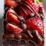 Delicious chocolate covered strawberry brownies with fresh strawberries on top