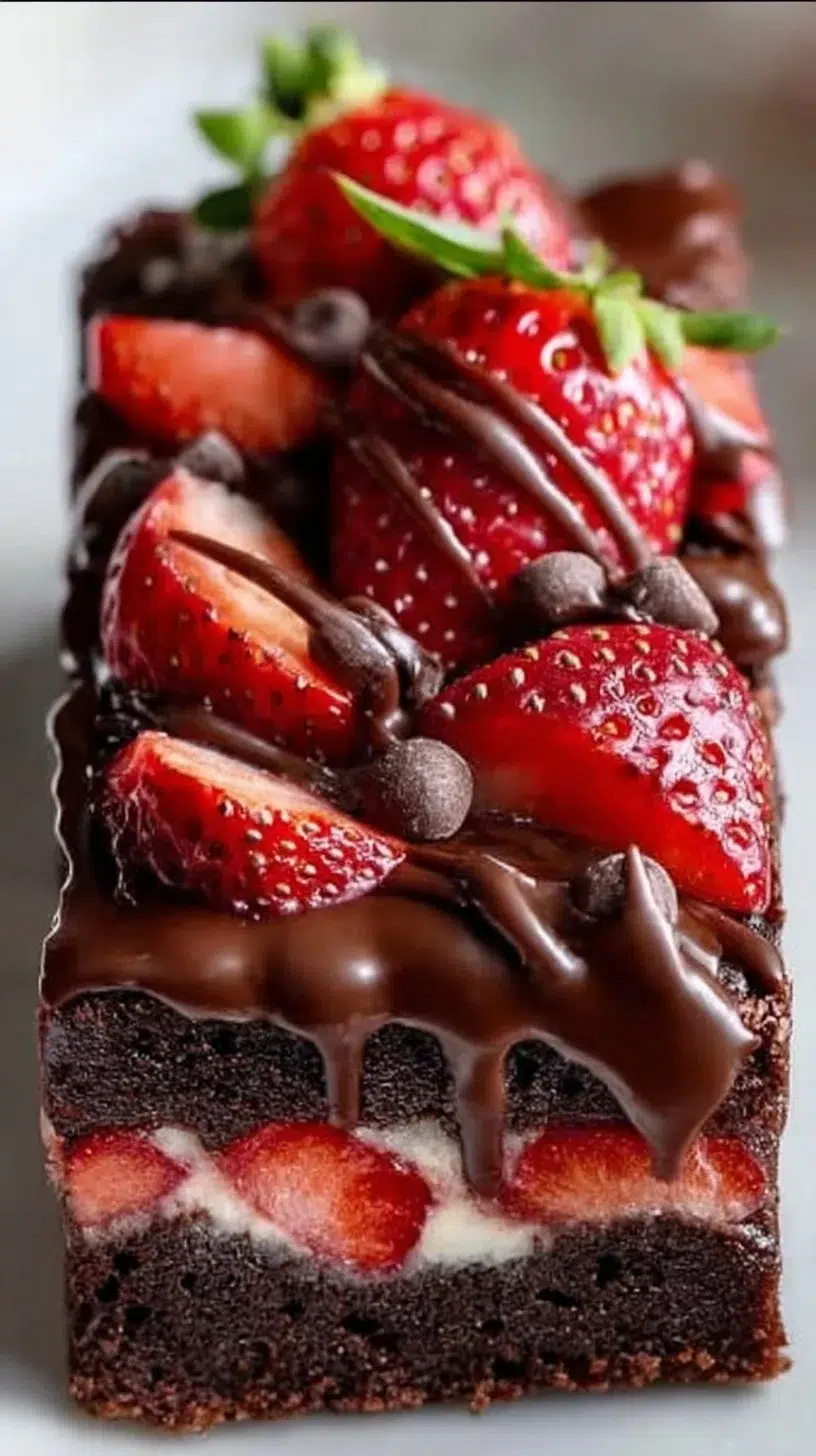 Delicious chocolate covered strawberry brownies with fresh strawberries on top