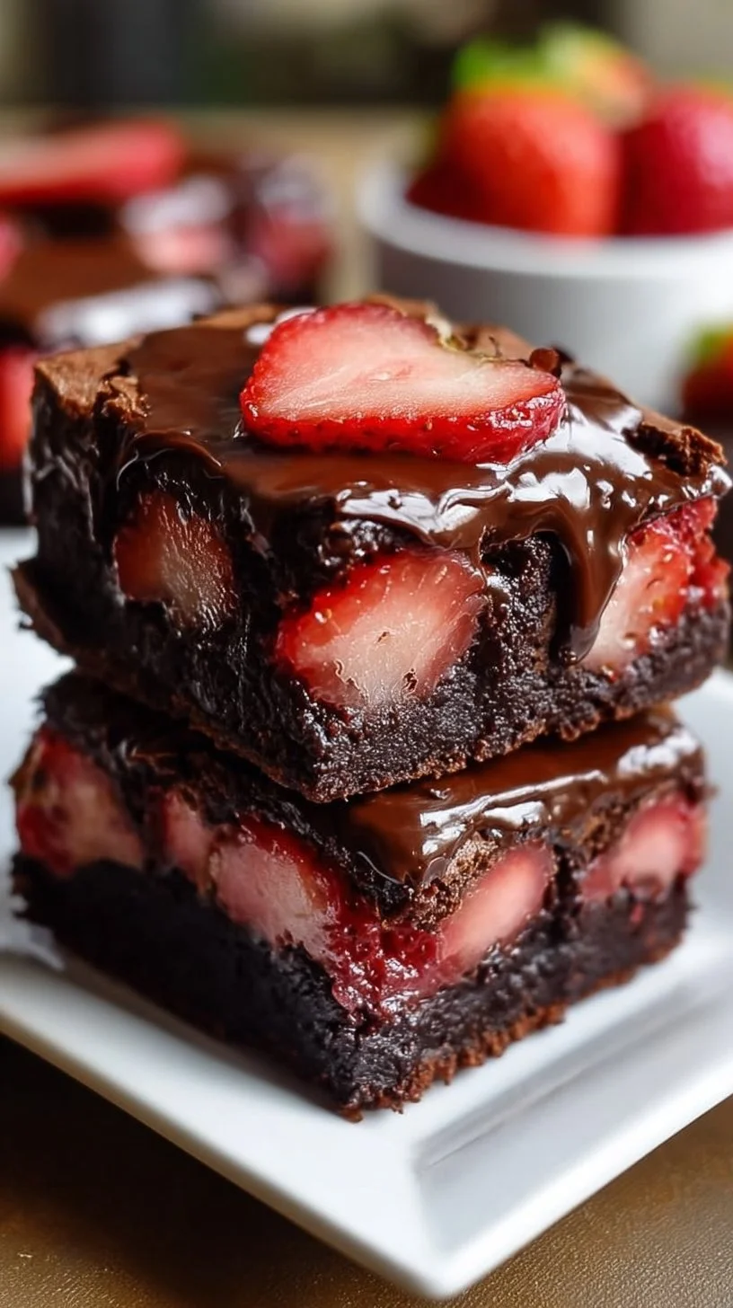 Delicious chocolate covered strawberry brownies topped with fresh strawberries