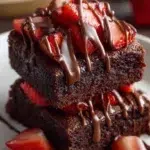 Chocolate-covered strawberry brownies topped with fresh strawberries