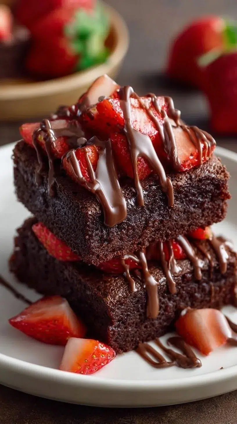 Chocolate-covered strawberry brownies topped with fresh strawberries