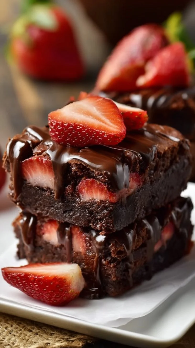 Delicious chocolate covered strawberry brownies topped with fresh strawberries