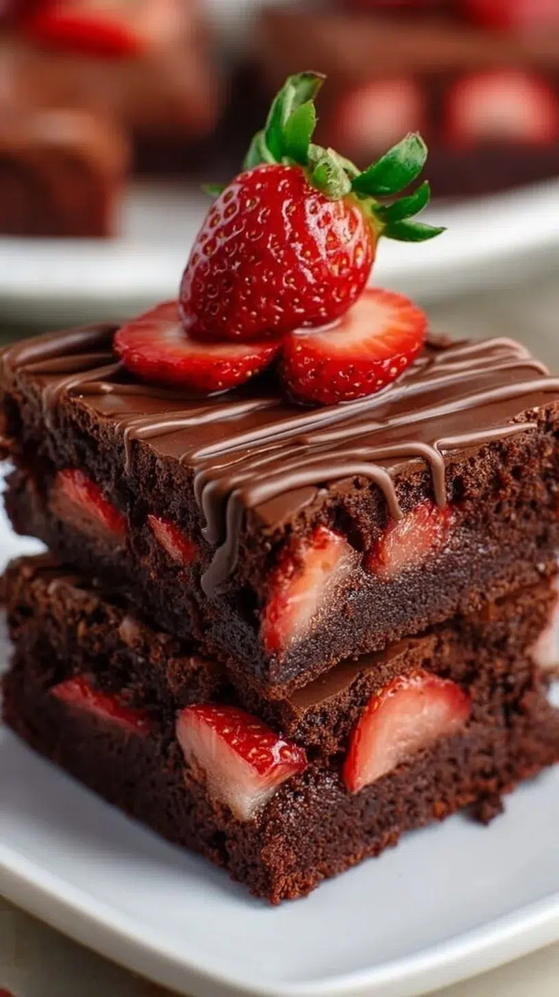 Delicious chocolate covered strawberry brownies topped with fresh strawberries