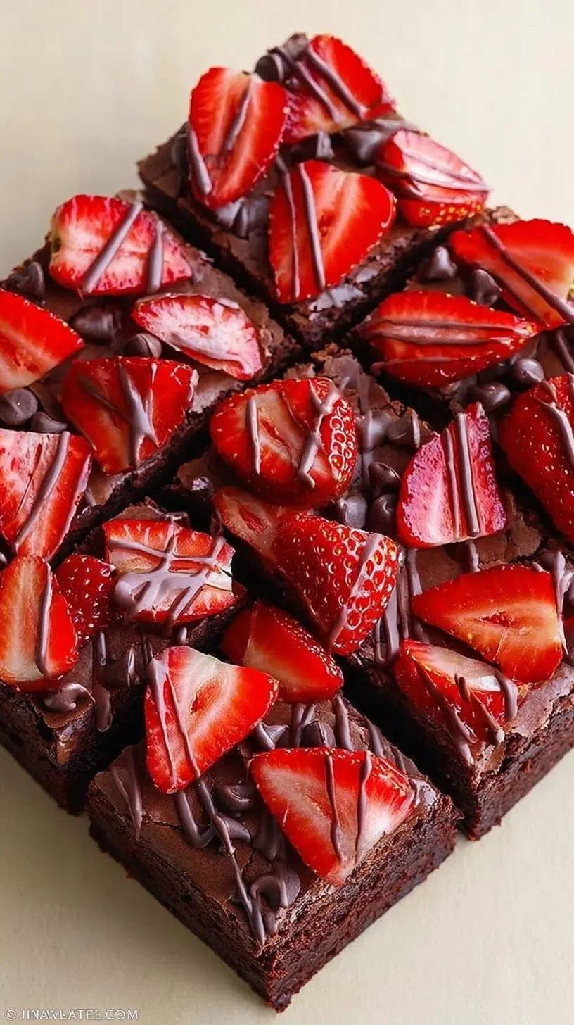 Delicious chocolate-covered strawberry brownies garnished with fresh strawberries