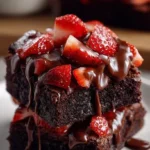 Chocolate-covered strawberry brownies topped with fresh strawberries