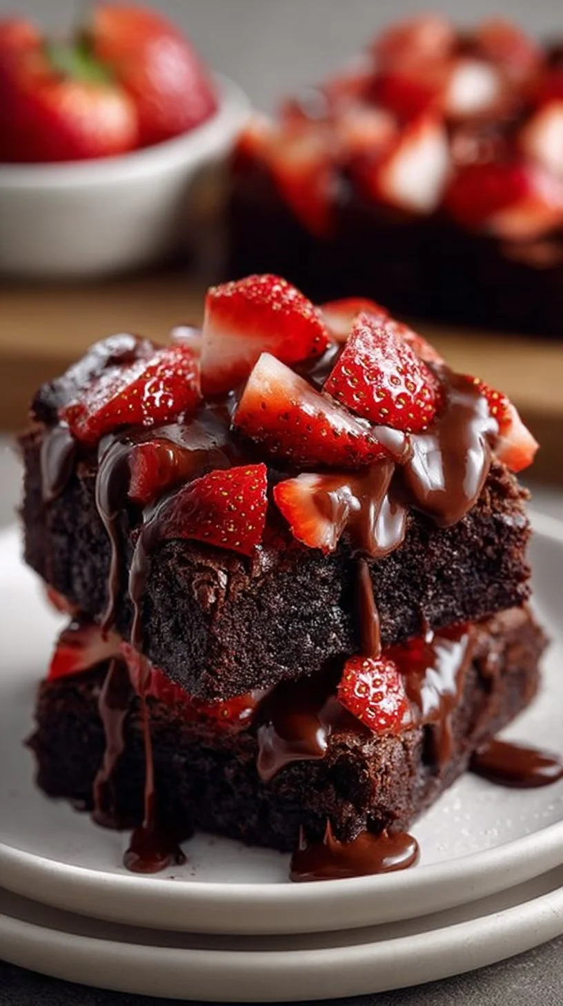 Chocolate-covered strawberry brownies topped with fresh strawberries