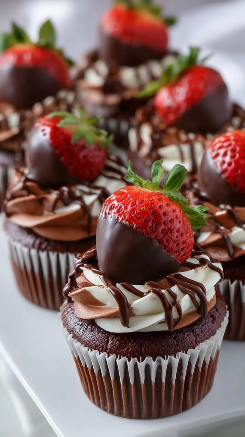 Chocolate covered strawberry cupcakes topped with fresh strawberries and chocolate drizzle.