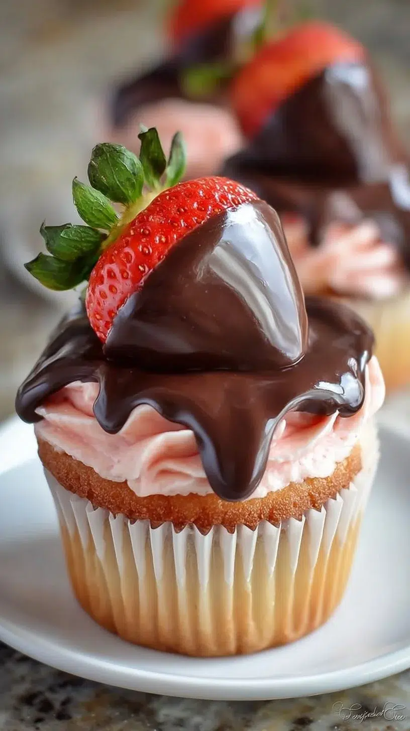Chocolate covered strawberry cupcakes topped with fresh strawberries and chocolate drizzle